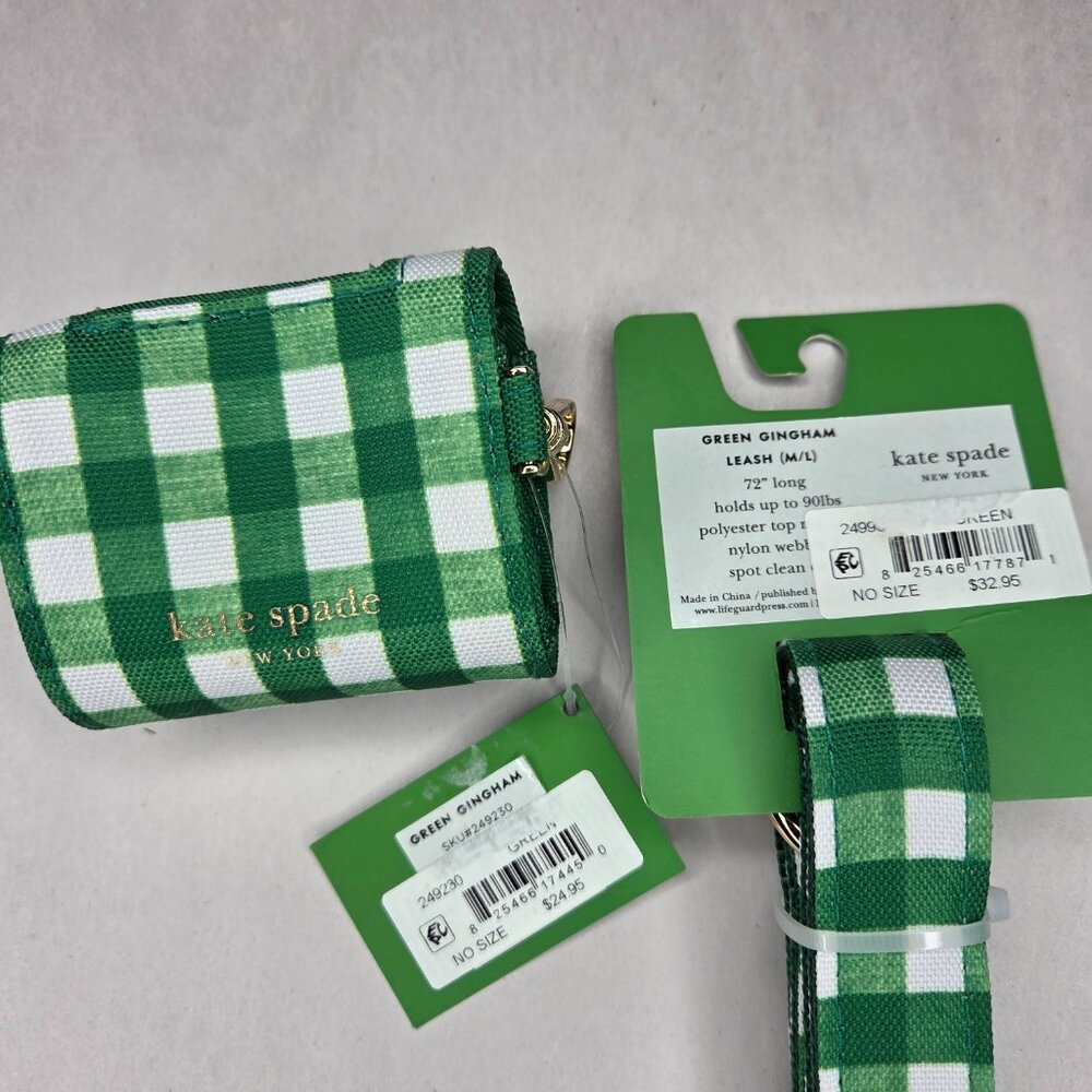 NWT Kate Spade Green Gingham Dog Leash & Doggie Bag Holder - Picture 2 of 3